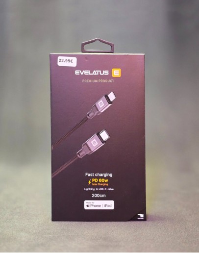 Evelatus USB C uz Lightning audio kabelis, 2.0 metru garš, atbalsta 60W jaudu (MFI09)