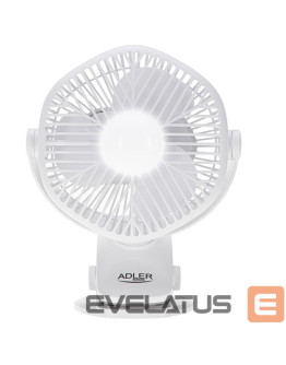 Adler AD 7335 uzlādējams galda ventilators ar klipsi, Ø12.7 cm, 3 ātrumi, LED apgaismojums, 360° rotācija, 6 W, balts