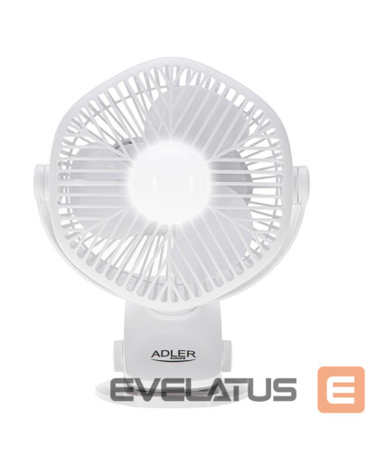 Adler AD 7335 uzlādējams galda ventilators ar klipsi, Ø12.7 cm, 3 ātrumi, LED apgaismojums, 360° rotācija, 6 W, balts