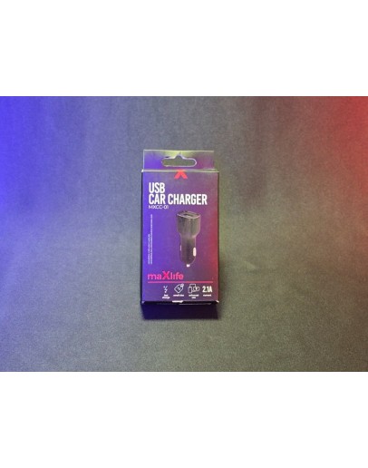 Maxlife Car charger Fast Charge 2.1A melns ir ātrās uzlādes automobiļu lādētājs, kas nodrošina līdz 2.1A uzlādes ātrumu