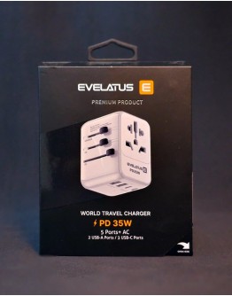 Evelatus 35W pasaules ceļojumu adapteris 1PD, 2 Type-C un 2 USB lādētāji, balts