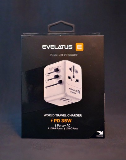 Evelatus 35W pasaules ceļojumu adapteris 1PD, 2 Type-C un 2 USB lādētāji, balts