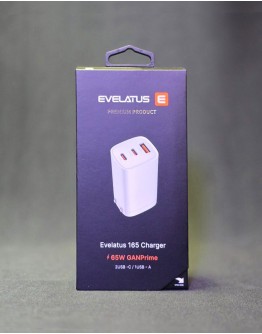 Evelatus 65W Max Fast Charger adapteris ar diviem portiem, USB-C1 un USB-A, baltā krāsā