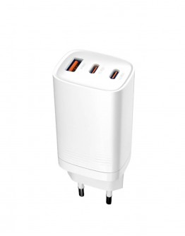 Evelatus 65W Max Fast Charger adapteris ar diviem portiem, USB-C1 un USB-A, baltā krāsā