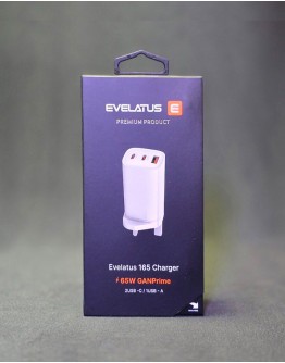 Evelatus 65W Max Fast Charger adapteris ar USB-C1 un USB-A portiem baltā krāsā, paredzēts Apvienotajai Karalistei (UK)